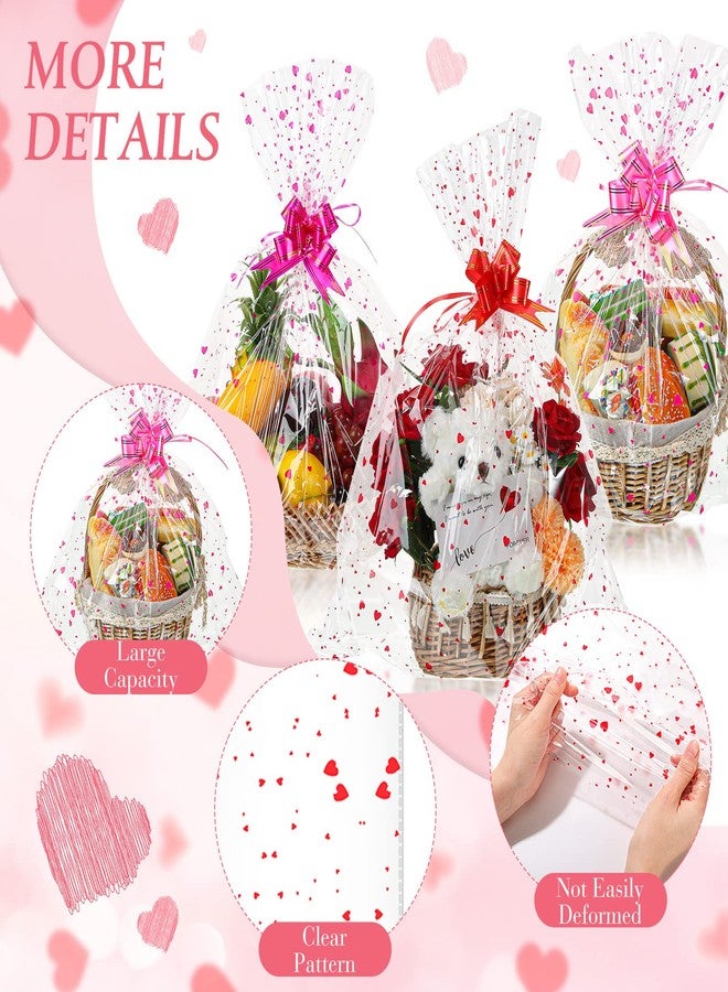 Geelin 15 Set Valentine Basket Bags with Bows Cellophane Heart Printed Basket Bags with 15 Pcs Pull Bows, 22.8 x 28 Inches Gift Wrapping Supplies for Cookie Dolls Gifts Candy Crafts Fruits - Image 3